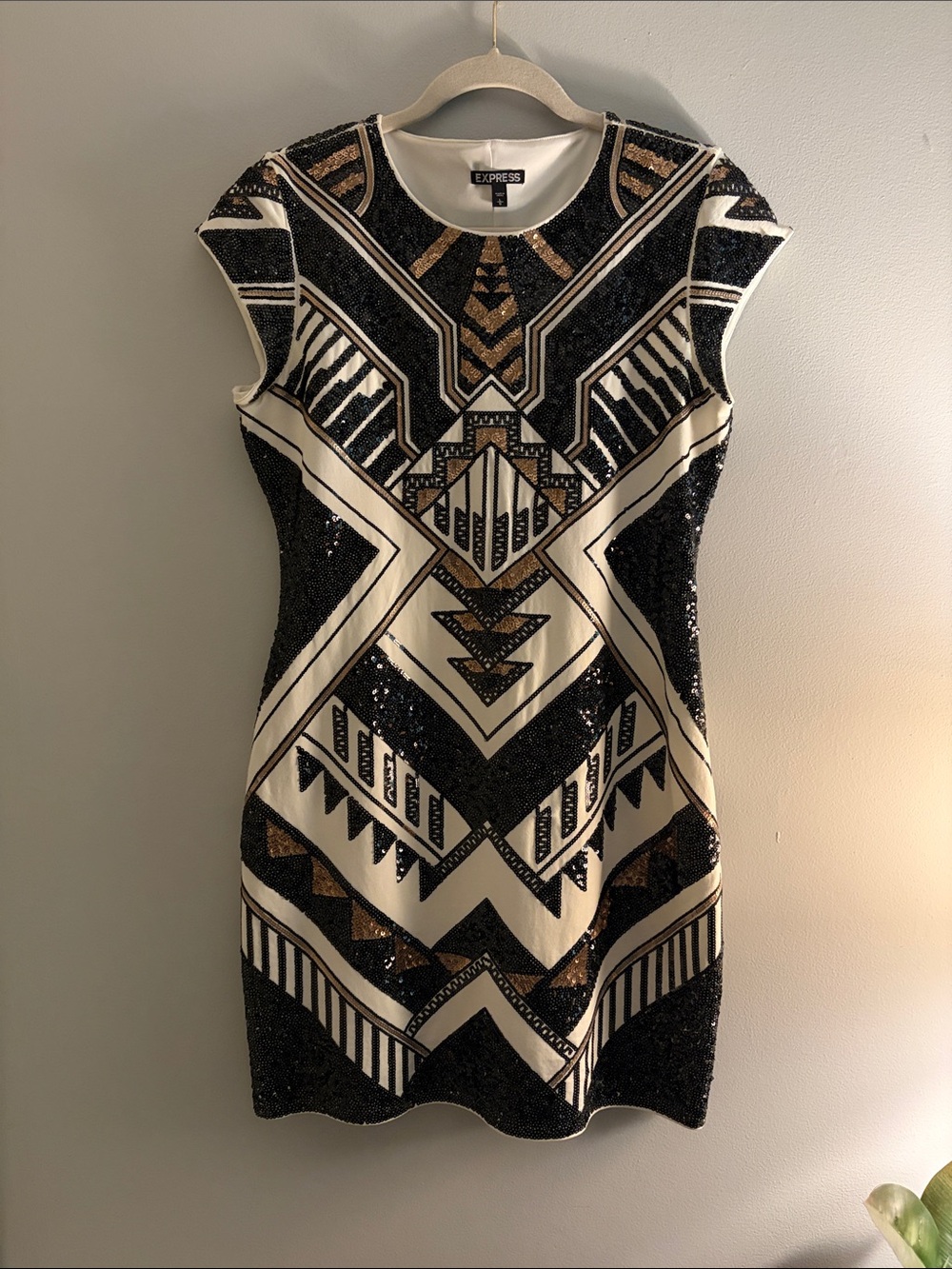 Express Black, Cream & Gold Sequin Geometric Mini Dress 95% Cotton, 5% Spandex